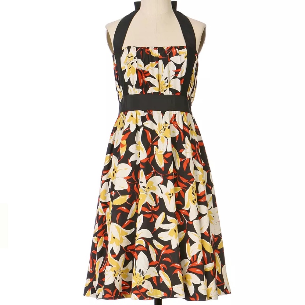 Anthropologie Mayflower Floral Halter Dress Silk- Black, White, Yellow size 6